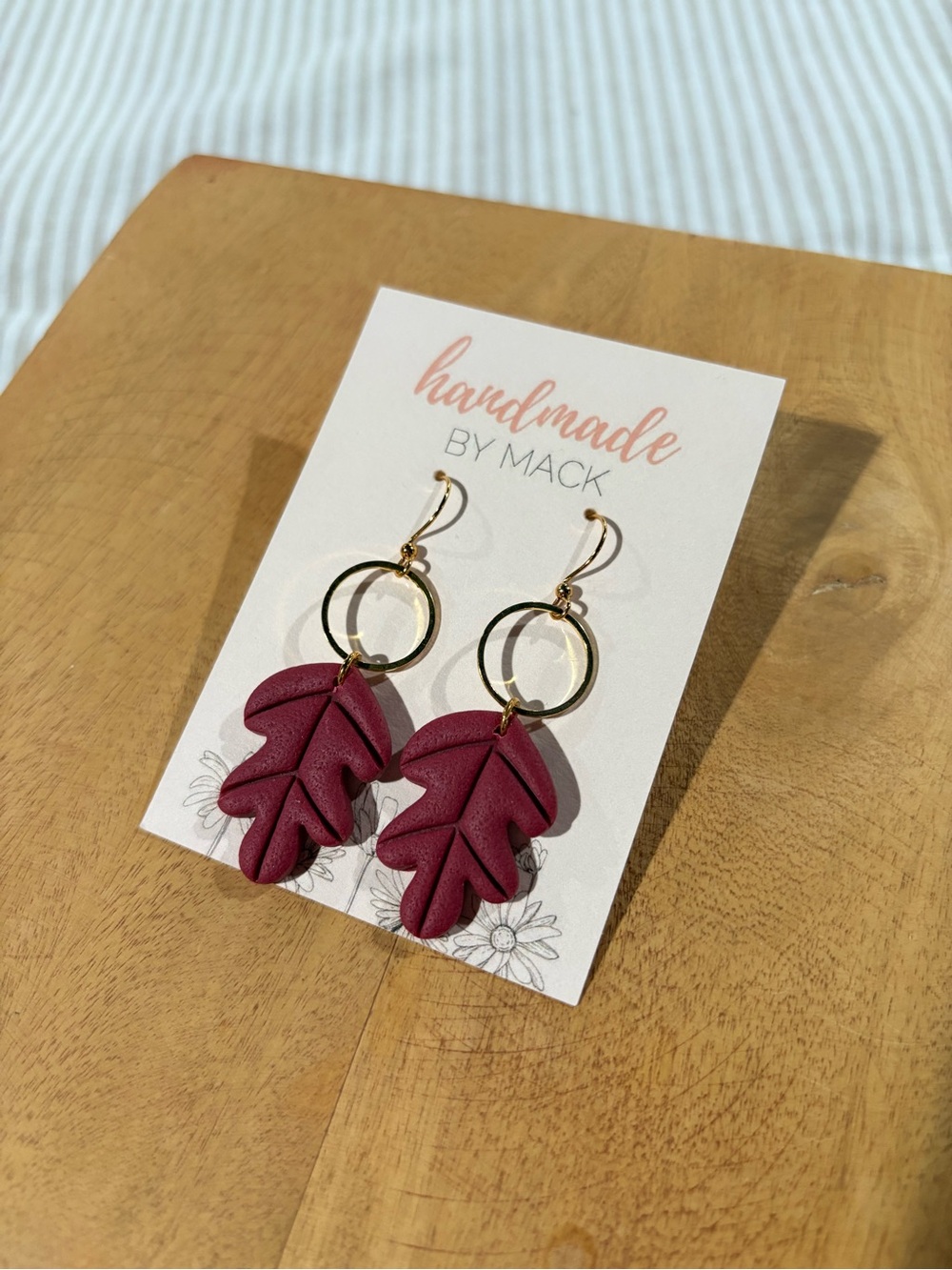 Handmade Aubergine Leaf Drop Earrings with Gold Hoops by Handmade by Mack